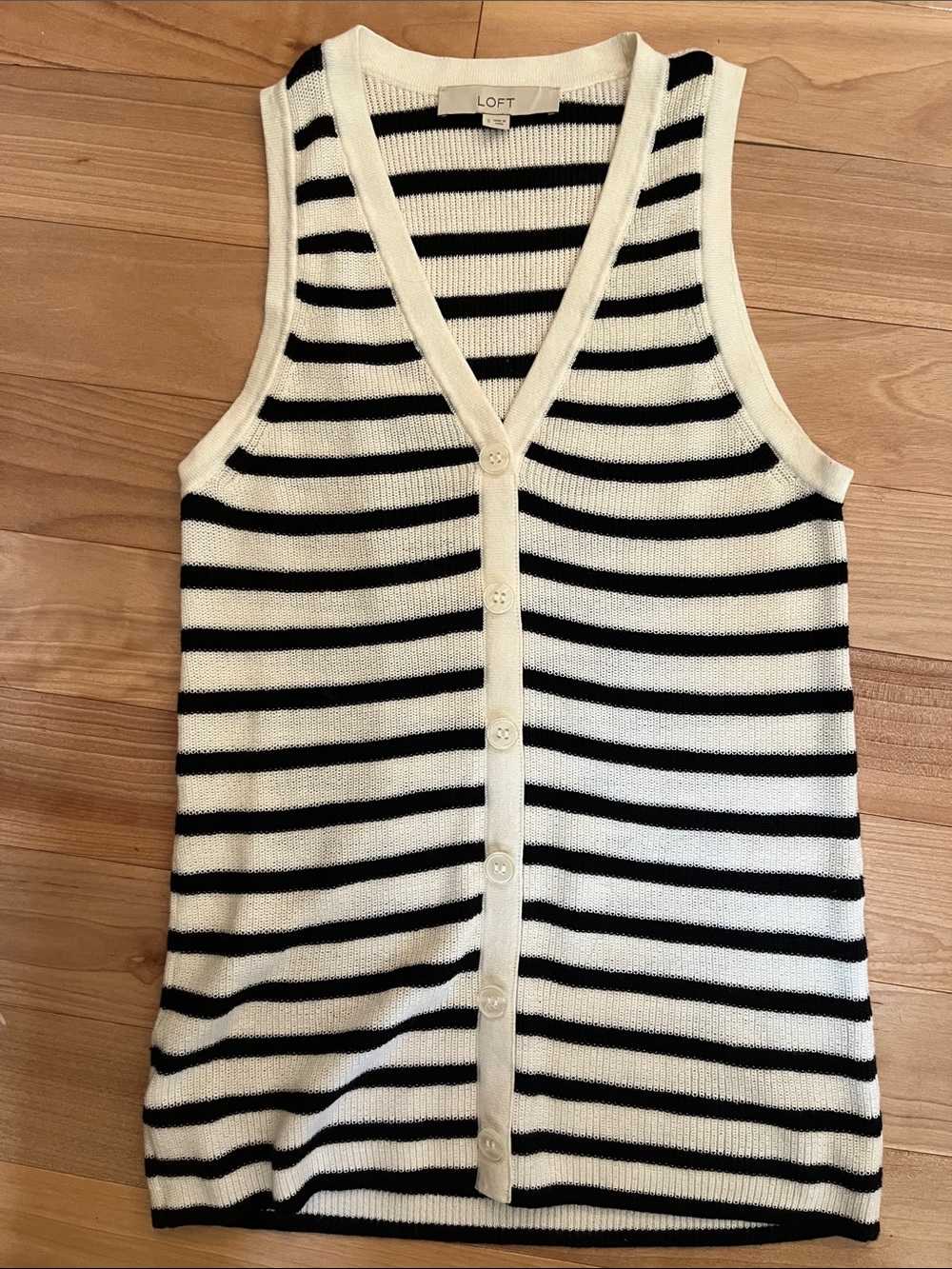 LOFT Cream and Black Striped Button-Up Knit Top